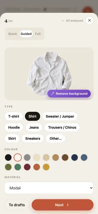 A shirt being added to the wardrobe: the background is cut out and the type, colour and material fields fill themselves in.