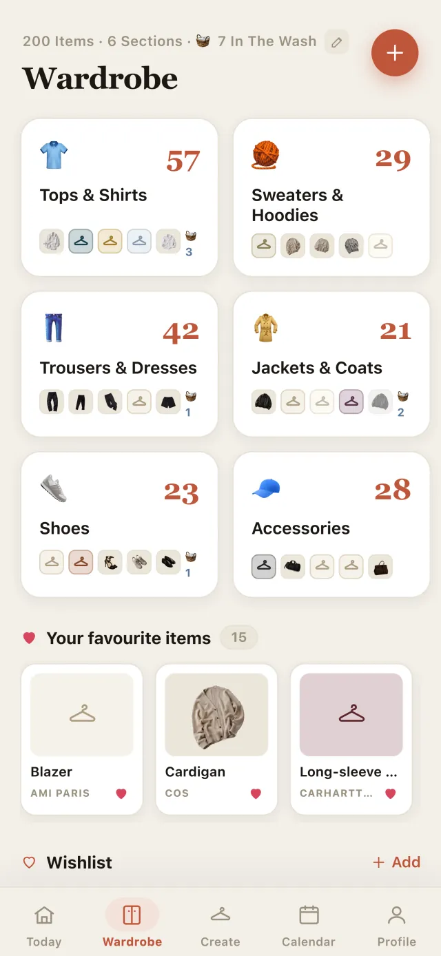 The Outfitly wardrobe, split into sections with a count for each and a list of favourites.