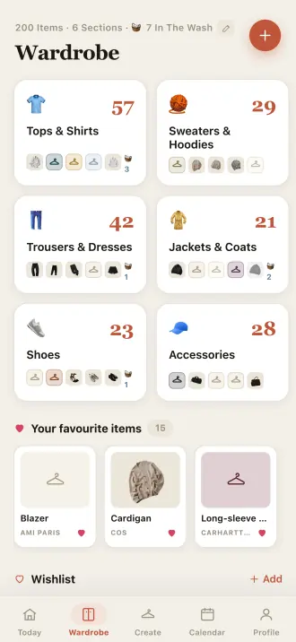The Outfitly wardrobe, split into six sections with the number of pieces in each, and a row of favourites.