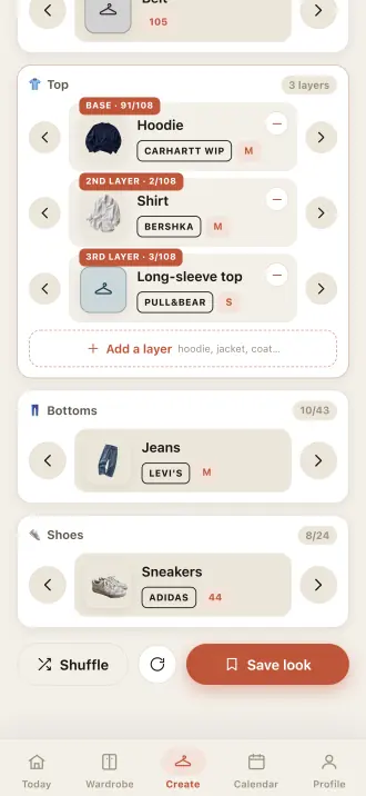 Building a look in Outfitly: base, second layer, third layer, bottoms and shoes, each piece with its brand.
