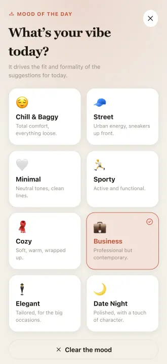 The eight moods in Outfitly, each with one line explaining what it means.