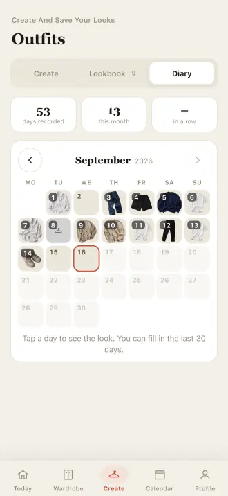 The Outfitly diary: 53 days recorded, and a September calendar with the piece worn on each day.