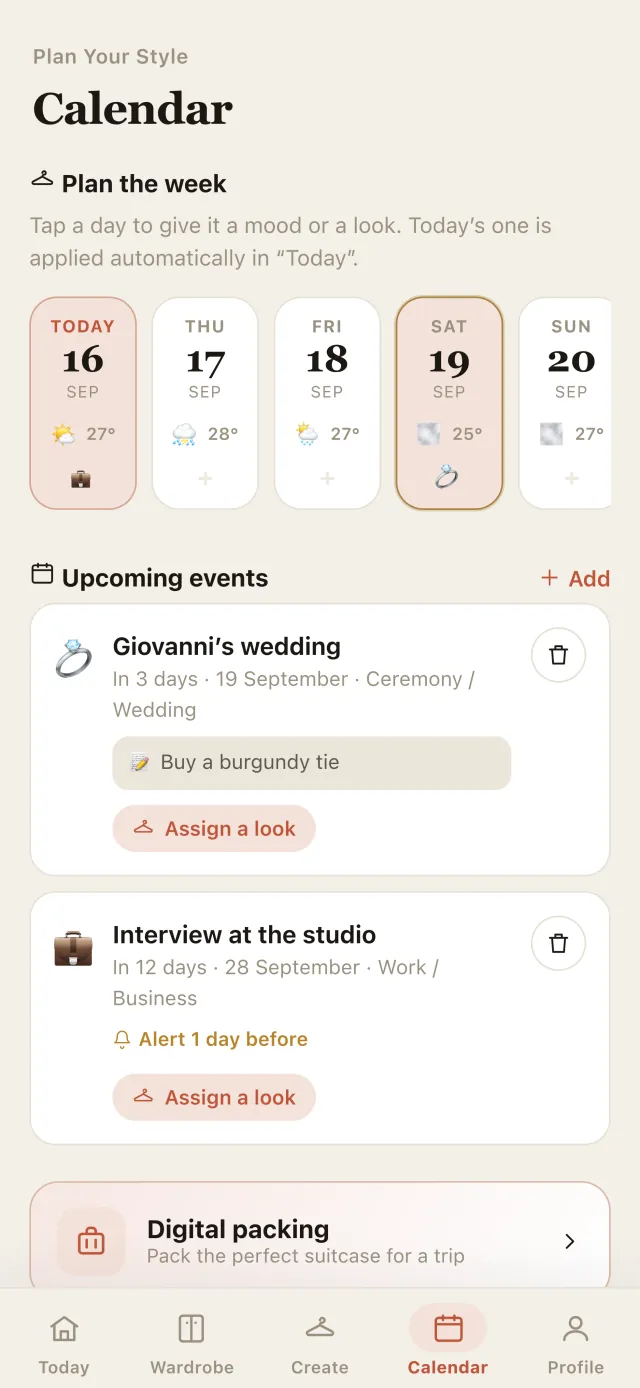 The Outfitly planner: the week ahead with its forecast, upcoming events and the digital suitcase.