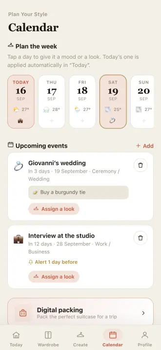 The Outfitly calendar: the week with a forecast per day, upcoming events and the digital packing entry.