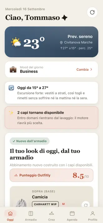 La schermata Oggi di Outfitly: le previsioni, il mood del giorno e il look costruito per quella giornata.