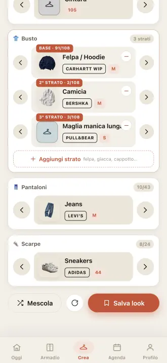 La costruzione di un look in Outfitly: base, secondo strato, terzo strato, pantaloni e scarpe, ogni capo con la sua marca.