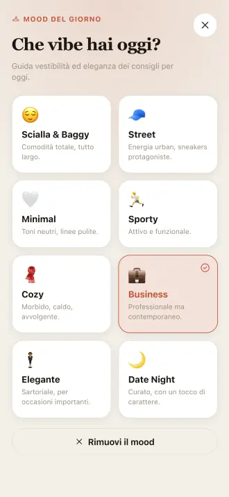 Gli otto mood di Outfitly, ognuno con una riga che spiega che cosa significa.