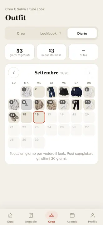 Il diario di Outfitly: 53 giorni registrati e un calendario di settembre con il capo indossato in ogni giornata.