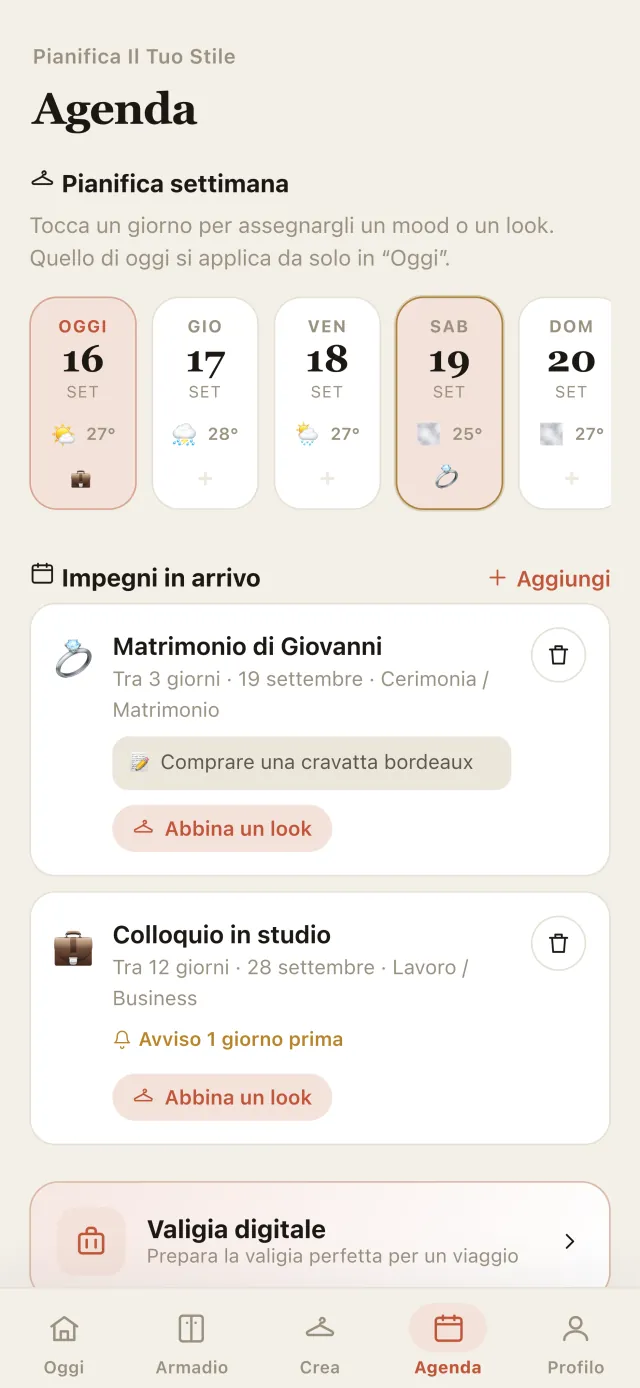 L’agenda di Outfitly: la settimana con il meteo di ogni giorno, gli impegni in arrivo e la valigia digitale.