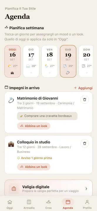 L’agenda di Outfitly: la settimana con le previsioni giorno per giorno, gli impegni in arrivo e la valigia digitale.