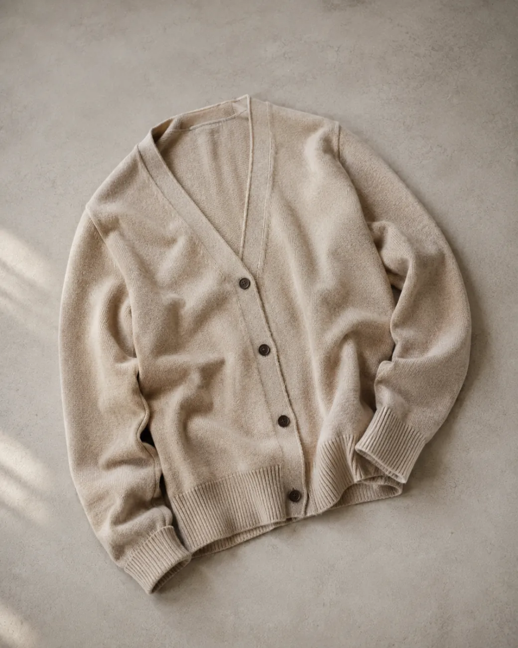 A cream cardigan folded on stone, lit from one side.