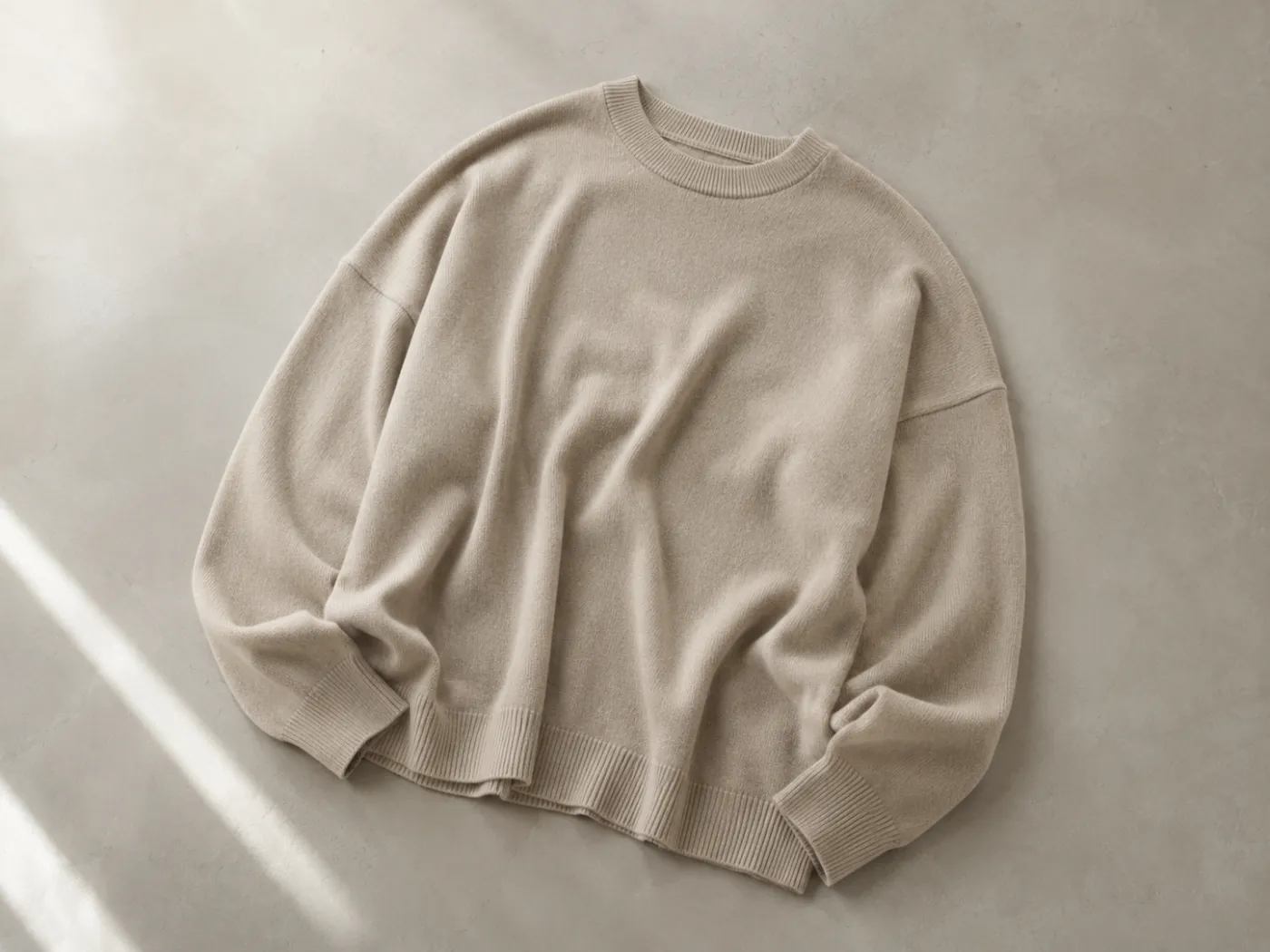 An oversized beige knit laid flat, crossed by a long shadow from a window.