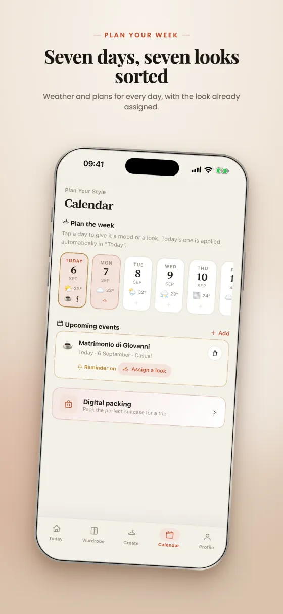 Outfitly on the App Store: an iPhone showing the week planner with weather and events.