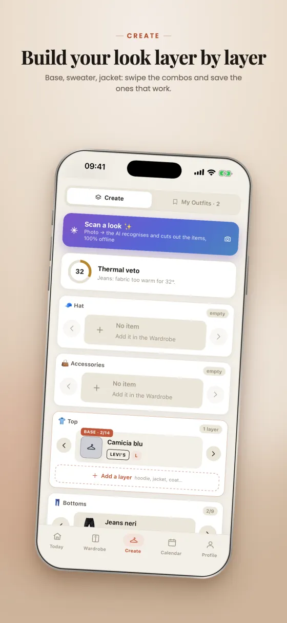 Outfitly on the App Store: an iPhone showing a look being built layer by layer.