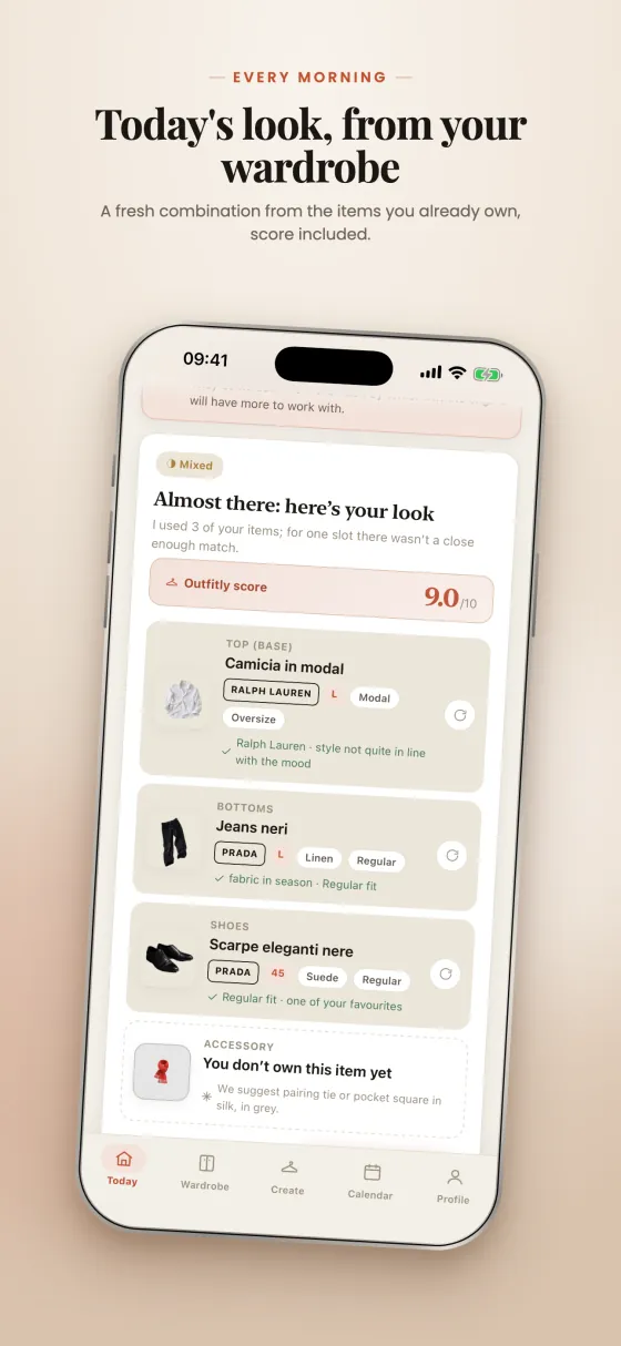 Outfitly on the App Store: an iPhone showing today's look with its score.