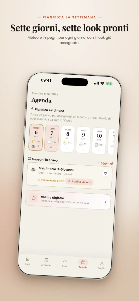 Outfitly sull’App Store: un iPhone con l’agenda della settimana, meteo e impegni.