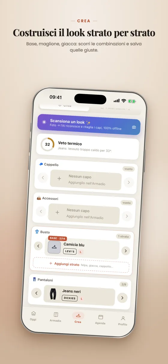 Outfitly sull’App Store: un iPhone con la costruzione di un look strato su strato.