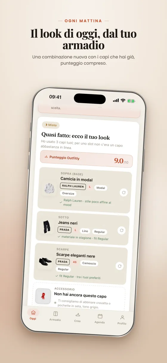 Outfitly sull’App Store: un iPhone con il look di oggi e il suo punteggio.